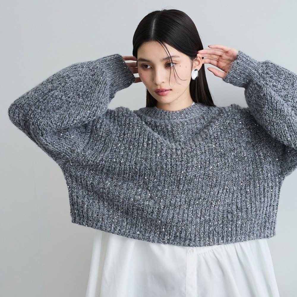 VIS Women's Gray Sequin Knit‎ Sweater Balloon Sleeve Crew Neck Pullover F